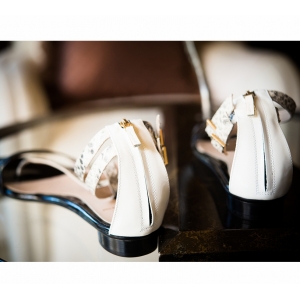 White and Black Leather Sandal with Snake Skin Pattern on Ankle Strap