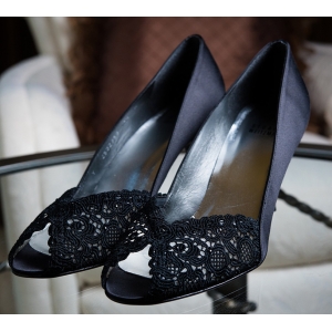 Stuart Weitzman - Black Satin Shoe with designer Lace Open Top