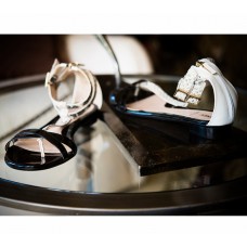 White and Black Leather Sandal with Snake Skin Pattern on Ankle Strap