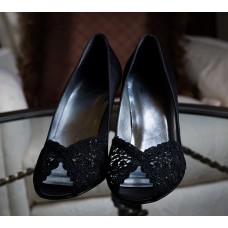 Stuart Weitzman - Black Satin Shoe with designer Lace Open Top