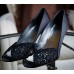 Stuart Weitzman - Black Satin Shoe with designer Lace Open Top