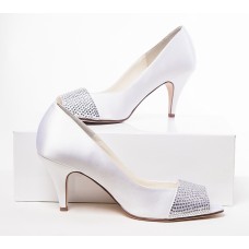 White and Silver 4 1/2" Open Toe Heel with Swarovski Crystals White and Silver 4 1/2" Open Toe Heel with Swarovski Crystals